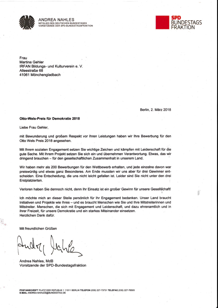 Anschreiben zum Otto Wels Preis SPD